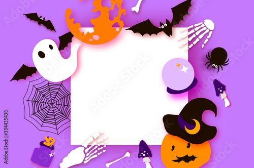 Happy Halloween party. Mystical night with Pumpkin  bat  bones  ghost. Trick or treat. Square frame. Space for text. Paper craft art