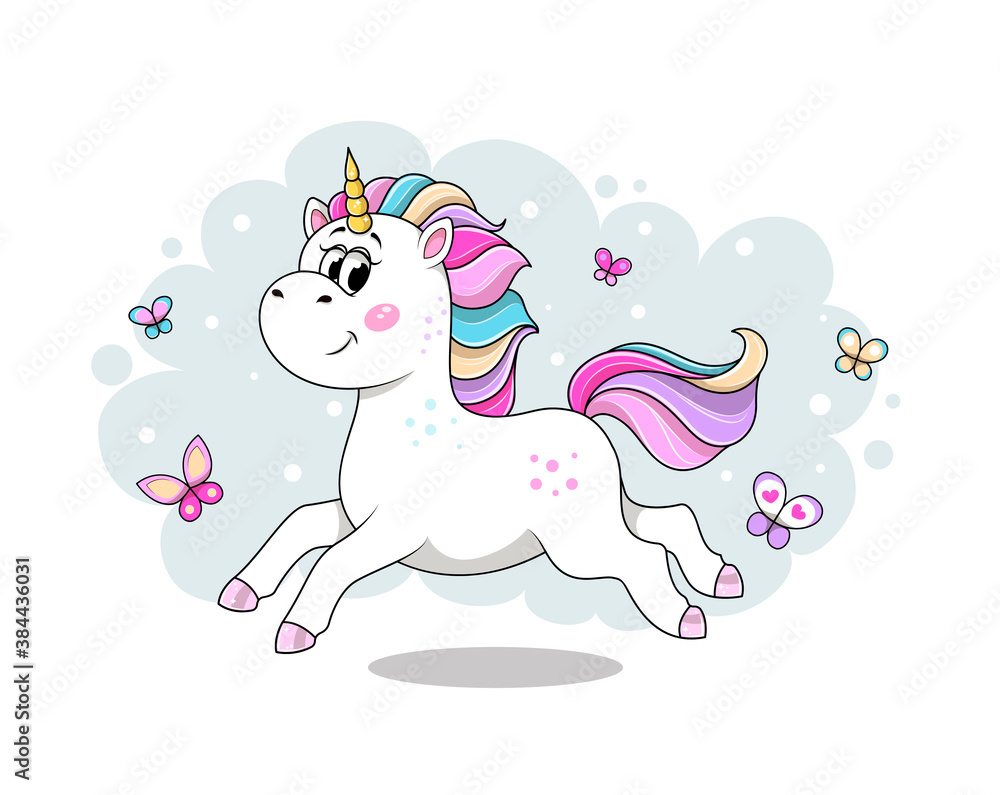 Cute cartoon unicorn running and frolicking with colorful butterflies. Flat cartoon vector illustration isolated on white background