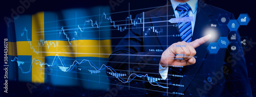 Businessman touching data analytics process system with KPI financial charts, dashboard of stock and marketing on virtual interface. With Sweden flag in background. © TexBr