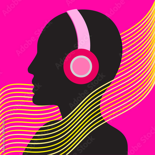 Silhouetted woman with headphones. Eighties retro party music background