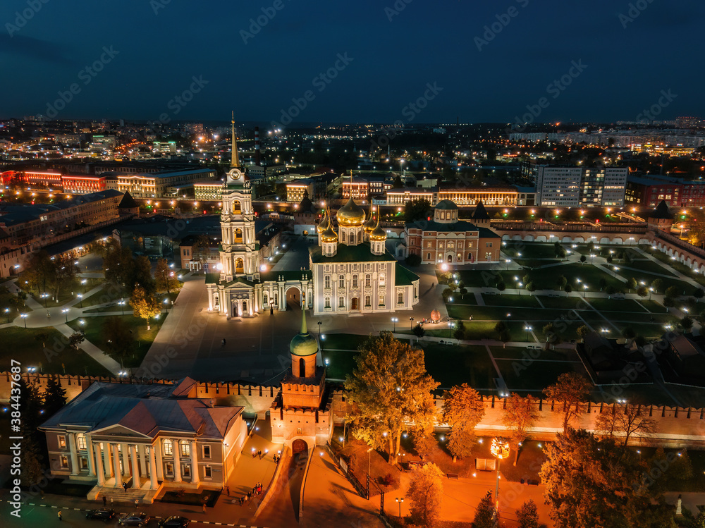 Tula Kremlin, aerial view from drone. Epiphany and Assumption Cathedrals