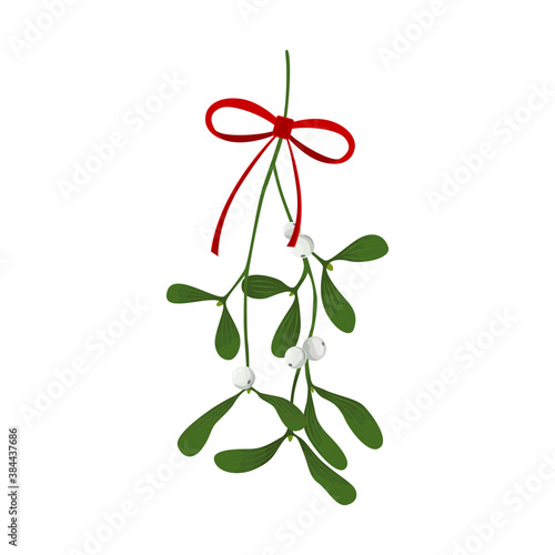 Mistletoe (Viscum) branch with white berries and red bow. Christmas tradition Kissing bough. Vector illustration isolated on white background. Flat cartoon design. For card, poster, banner, invitation