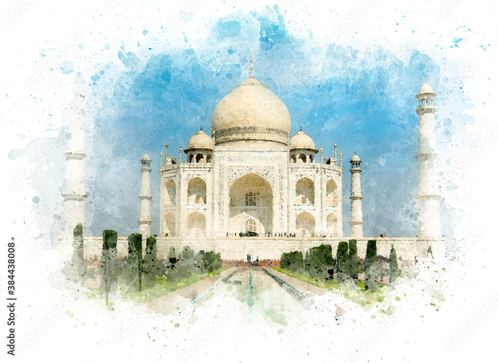Obraz premium Taj Mahal Tomb, Mosque, Agra, India, postcard as watercolor drawing