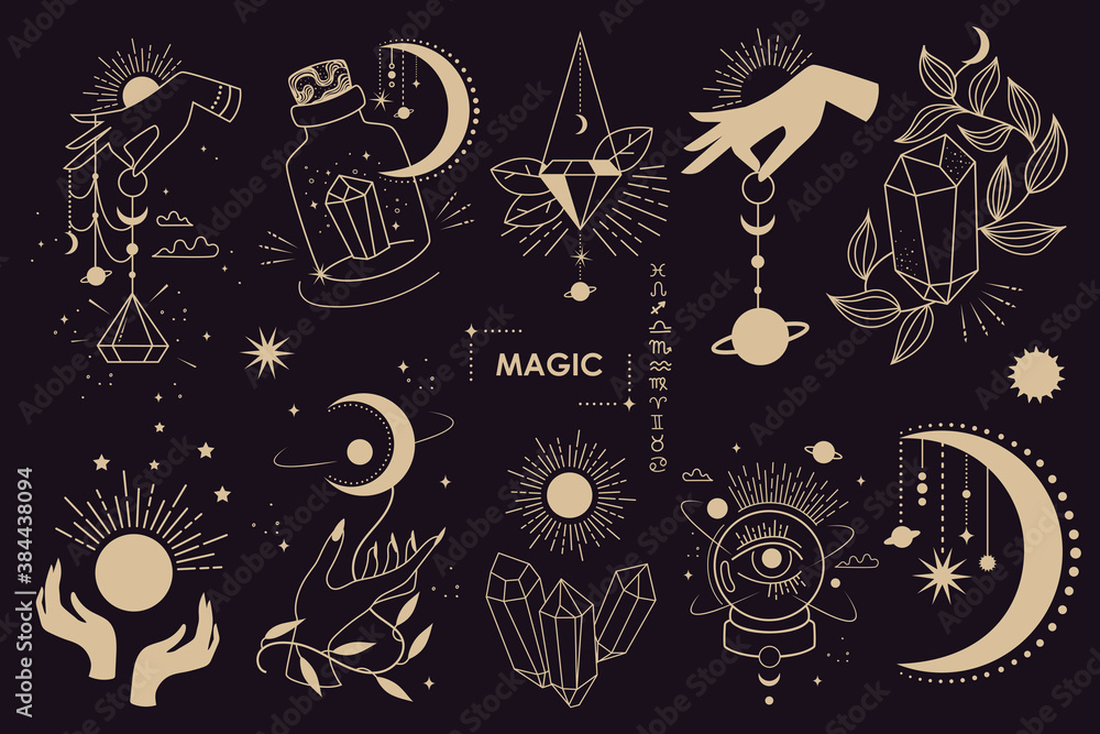 Big set of magic and astrological symbols. Mystical signs, silhouettes, zodiac signs, tarot cards. Vector illustration. Witchcraft art. Stickers, banner, decorations. Esoteric aesthetics. Hand drawn. Big set of magic and astrological symbols. Mystical signs, silhouettes, zodiac signs, tarot cards. Vector illustration. Witchcraft art. Stickers, banner, decorations. Esoteric aesthetics. Hand drawn.
