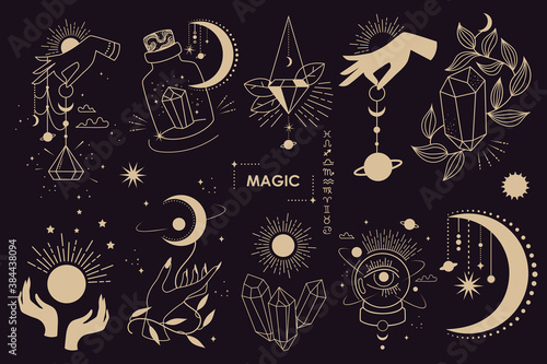 Big set of magic and astrological symbols. Mystical signs, silhouettes, zodiac signs, tarot cards. Vector illustration. Witchcraft art. Stickers, banner, decorations. Esoteric aesthetics. Hand drawn.