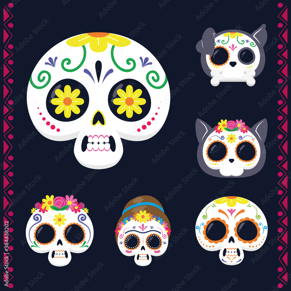 mexican heads skulls set flat style icons mexican heads skulls set flat style icons