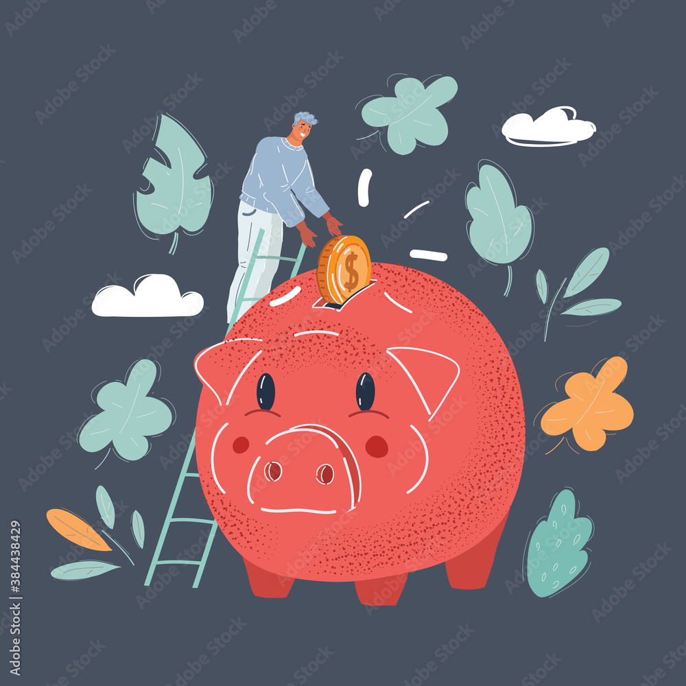 Vector illustration of man holding coin in big pink piggy bank ...