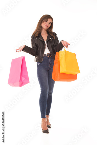  Stylish brunette in jeans skimp on Black Friday.