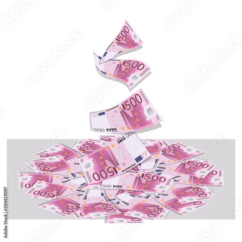 Lot money. Banknotes 500 euro. Money, gold coins. Cash collecting billfold on white background. 