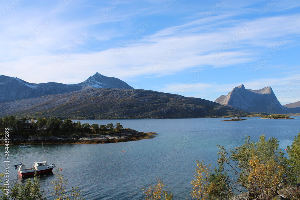 A beautiful fjordscape in Northern Norway on a sunny day in autumn 