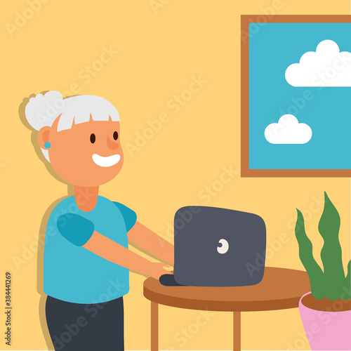 old woman using laptop active senior character