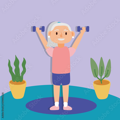 old woman lifting dumbbells active senior character