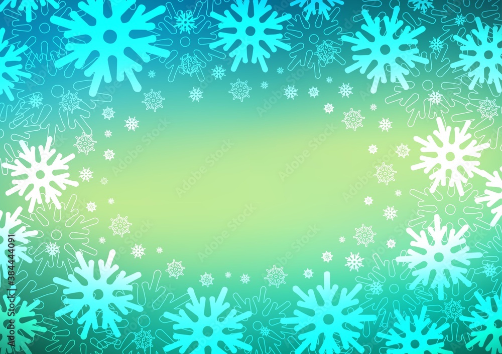 Light Green, Yellow vector layout with bright snowflakes.
