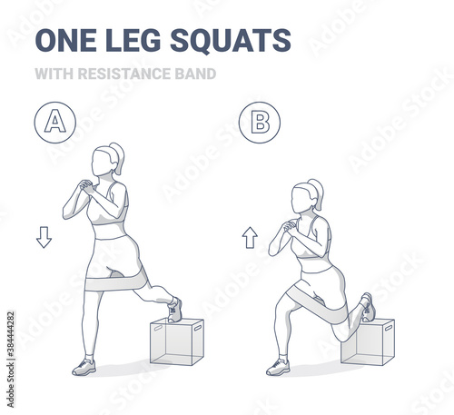 One Leg Squats with Resistance Band Female Home Workout Exercise Guide.