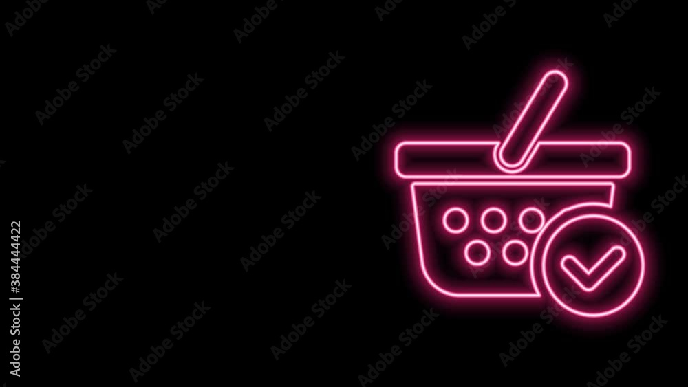 Glowing neon line Shopping basket with check mark icon isolated on black background. Supermarket basket with approved, confirm, tick, completed symbol. 4K Video motion graphic animation Glowing neon line Shopping basket with check mark icon isolated on black background. Supermarket basket with approved, confirm, tick, completed symbol. 4K Video motion graphic animation