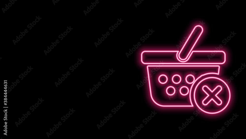 Glowing neon line Remove shopping basket icon isolated on black background. Online buying concept. Delivery service sign. Supermarket basket and X mark. 4K Video motion graphic animation Glowing neon line Remove shopping basket icon isolated on black background. Online buying concept. Delivery service sign. Supermarket basket and X mark. 4K Video motion graphic animation