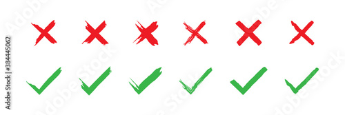 Check and cross mark brush icon big set. X grunge concept symbol. Yes sign in vector flat