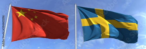 Flags of China and Sweden on flagpoles. 3d rendering