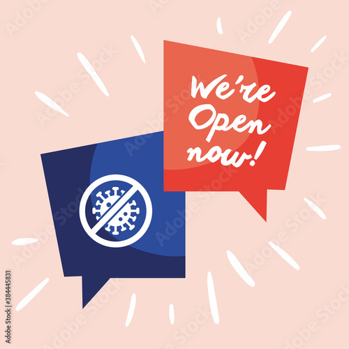 we are open now re opening lettering and stop covid19 signals in speech bubbles