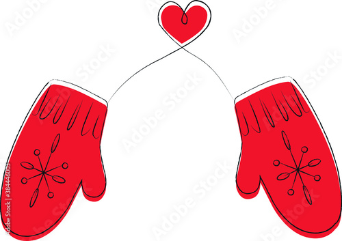 Winter vector illustration. New Year's illustration. Red mittens in connection with the heart