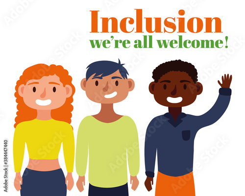 Inclusion concept lettering with group friends characters