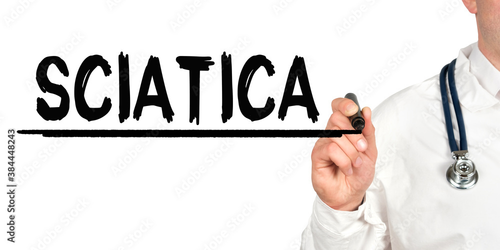 Doctor writes the word - SCIATICA. Image of a hand holding a marker isolated on a white background. Doctor writes the word - SCIATICA. Image of a hand holding a marker isolated on a white background.