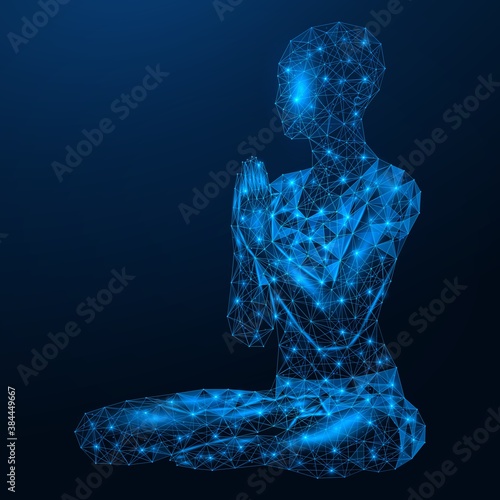 Meditation. Silhouette of a girl practicing yoga in the Lotus position. The concept of a healthy lifestyle. Low-poly human design. Blue background.