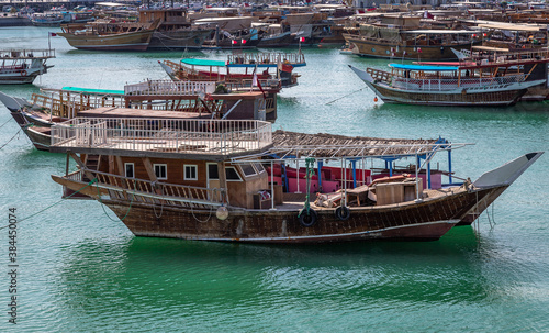 Dhows in Doha moored in the Persian Golf, Qatar.