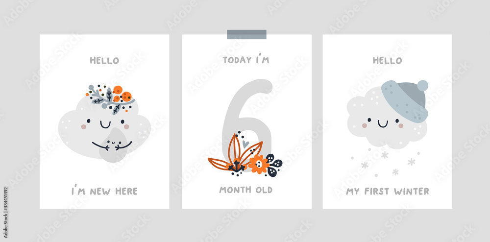 Baby milestone card with cute little cloud for newborn girl or boy. Baby shower print capturing all the special moments. Baby month anniversary card. Nursery prints for textile, apparel, poster