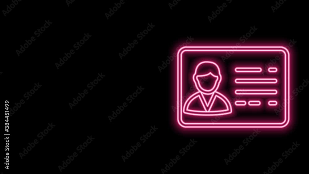 Glowing neon line Identification badge line icon isolated on black background. It can be used for presentation, identity of the company, advertising. 4K Video motion graphic animation Glowing neon line Identification badge line icon isolated on black background. It can be used for presentation, identity of the company, advertising. 4K Video motion graphic animation