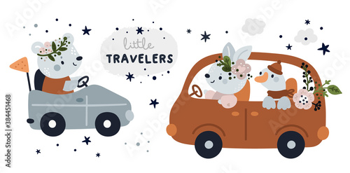 Cute childish set with cartoon baby animals in car. Milestone collection with little travelers in scandinavian style. Bear in car, bunny in automobile. Nursery prints for textile, cards, poster, decor