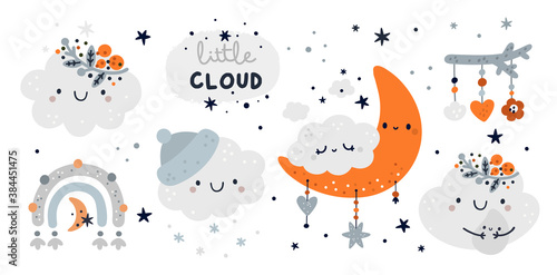 Cute childish set with cartoon little cloud and kids decoration elements. Milestone collection with stars and clouds. Baby shower or little one party. Nursery prints for textile, cards, poster, decor