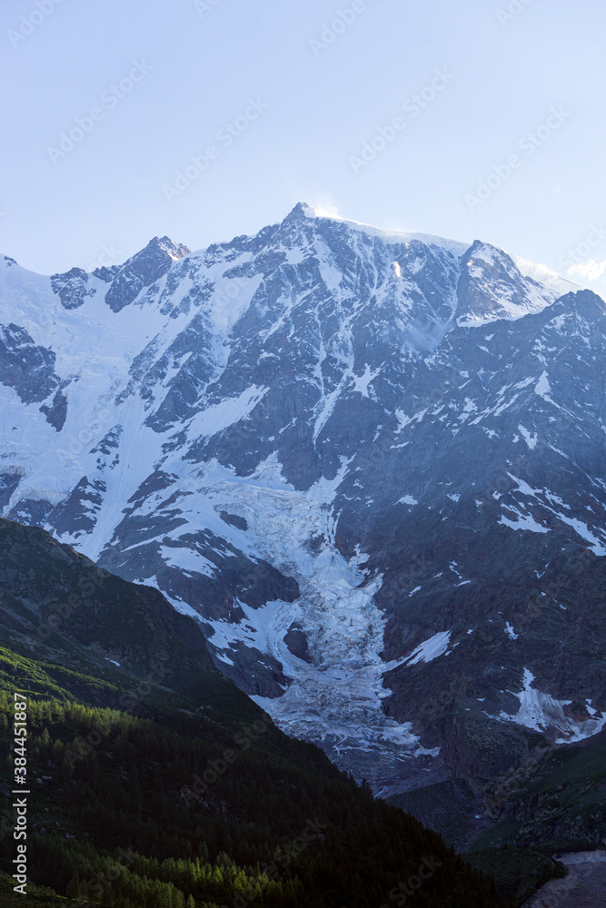 The east face of Monte Rosa, One of the highest and most spectacular mountains in the Alps, Near the town of Macugnaga, Italy - July 2020