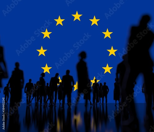 Anonymous people on the flag of the EU background. 3d rendering