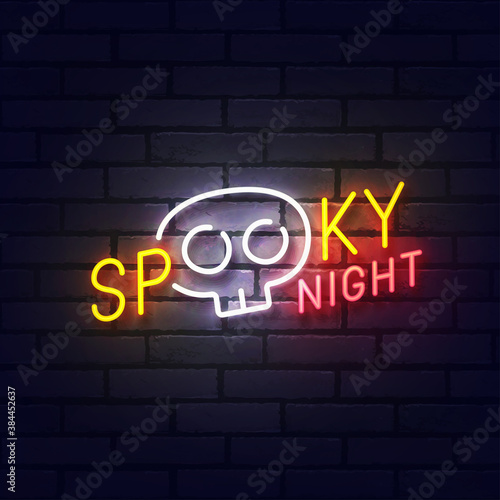 Spooky night neon sign, bright signboard, light banner. Halloween logo neon, ...
