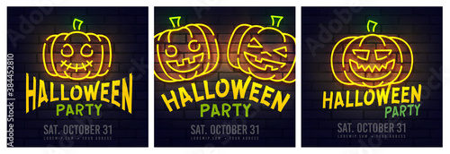 Social Media post template on theme Halloween Party. Set of banners square shape on theme Halloween Party. Design of advertising in social networks. Promotion vector illustration
