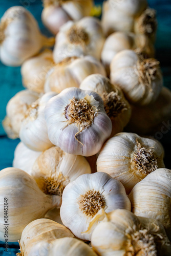 garlic bunch on a blue wooden table