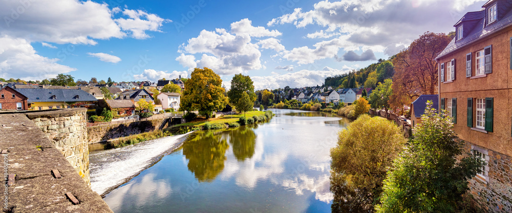 View of the river in the romantic Runkel on the Lahn, Hesse, Germany