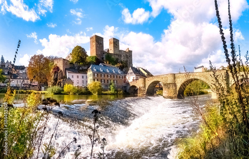Romantic Runkel on the Lahn with old bridge and castle ruins