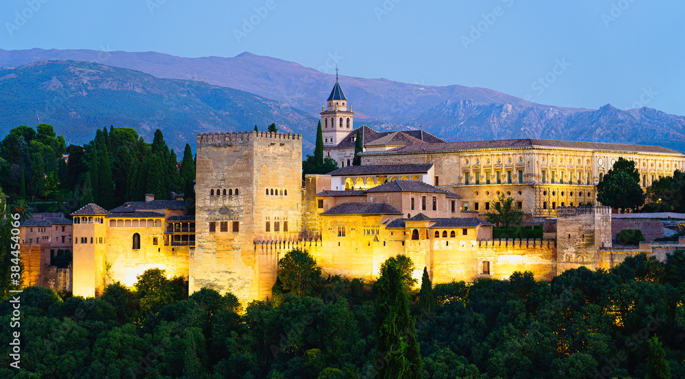 Alhambra view during the evening with lights in Granada, Spain