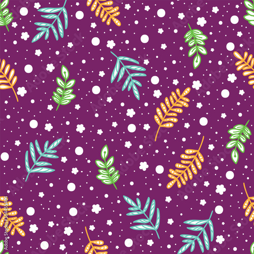 Doodle branch with leaves seamless pattern of hand drawn purple abstract background design