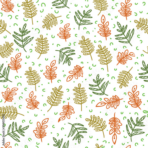Doodle branch with leaves seamless pattern of hand drawn white background design