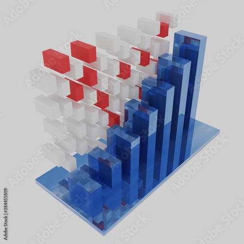 COVID-19 research and treatment abstract graph chart in blue, red and white color. Economic crisis and development after pandemic. Healthcare and medicine concept. Financial market. 3D Rendering. 
