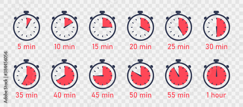 Countdown Timer. Clock, Stopwatch vector icons set. Full rotation arrow timer. Set of simple timers in flat style isolated on transparent background. Vector illustration, eps10. photo