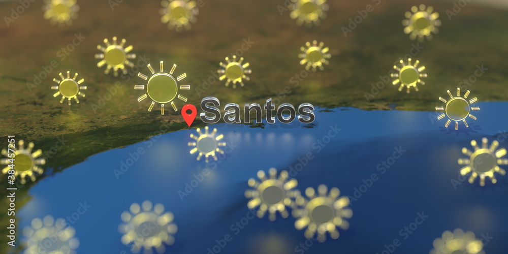 Santos city and sunny weather icon on the map, weather forecast related 3D rendering