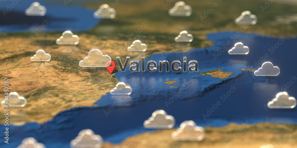 Valencia city and cloudy weather icon on the map, weather forecast related 3D rendering Valencia city and cloudy weather icon on the map, weather forecast related 3D rendering