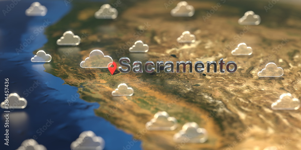 Cloudy weather icons near Sacramento city on the map, weather forecast related 3D rendering Cloudy weather icons near Sacramento city on the map, weather forecast related 3D rendering