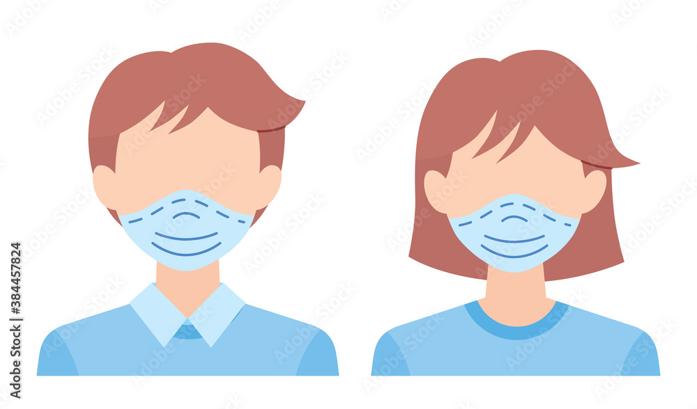 Woman and man wearing face medical protective mask isolated flat vector icons, COVID-19 coronavirus pandemic prevention avatars illustration.