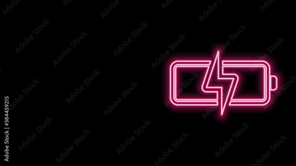 Glowing neon line Battery icon isolated on black background. Lightning bolt symbol. 4K Video motion graphic animation Glowing neon line Battery icon isolated on black background. Lightning bolt symbol. 4K Video motion graphic animation