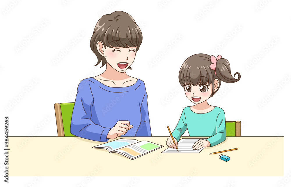 母と一緒に勉強する女の子 母と一緒に勉強する女の子